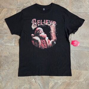 NWT Holiday Time Mens XL‎ Santa Claus Believe Christmas T-Shirt Black